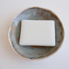 mini blue brown pottery soap dish with soap