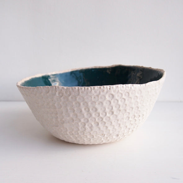 Handmade teal green and speckled white textural ceramic fruit bowl