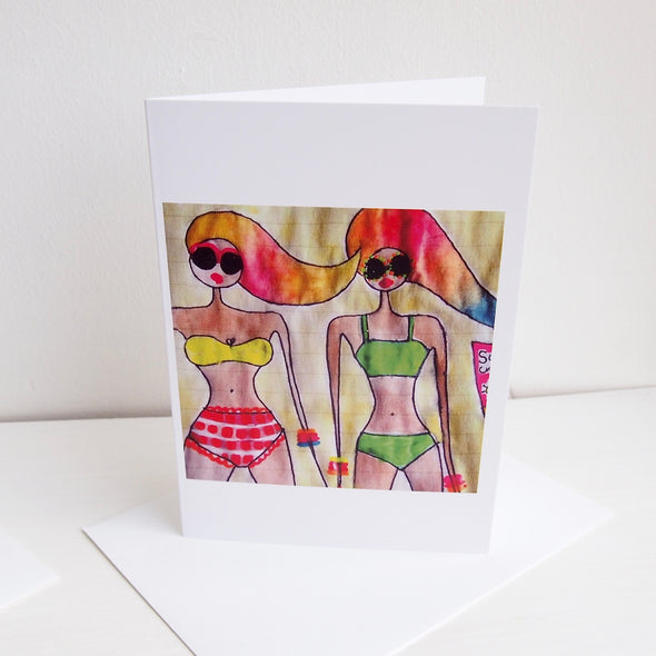 Rainbow hair girls on beach card