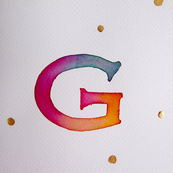 Hand painted watercolour letter card with gold leaf polka dots