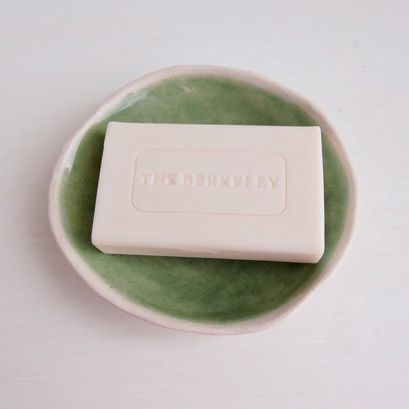 mini pottery celadon green soap dish with soap
