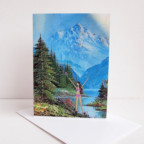 girl in the mountains greetings card with envelope.