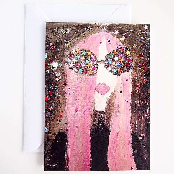 girl with pink hair and starry eyes birthday card