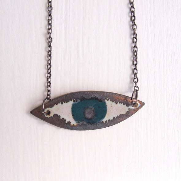 Handmade teal ceramic eye necklace