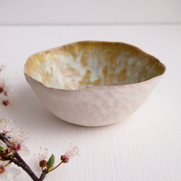 Handmade Ceramic textural  yellow  ring bowl.