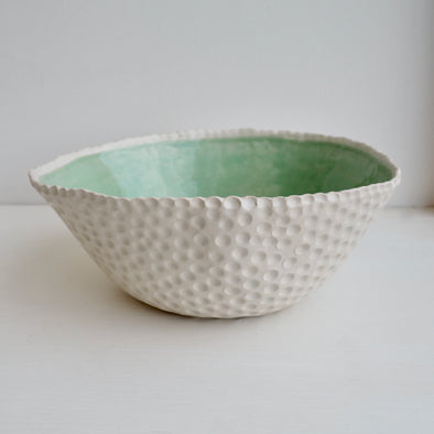 Handmade turquoise circle texture  ceramic fruit bowl.