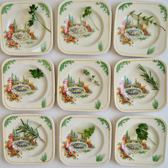 Vintage pottery floral cottage garden side plates