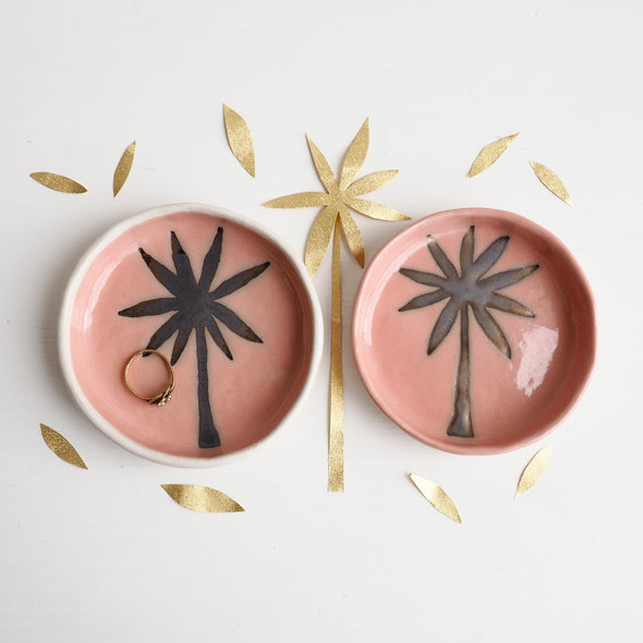 Handmade pink and gold ceramic palm tree  ring dish