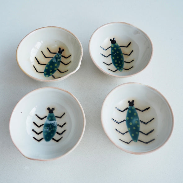 Handmade mini green  spotted beetle porcelain ceramic ring dish