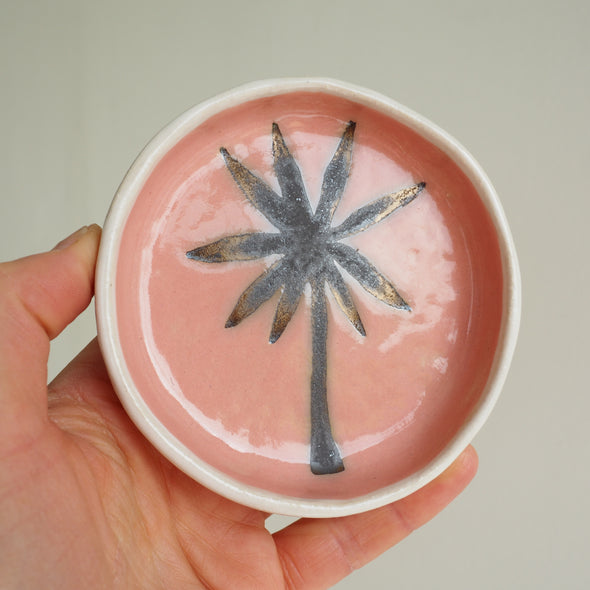 Handmade pink and gold ceramic palm tree  ring dish