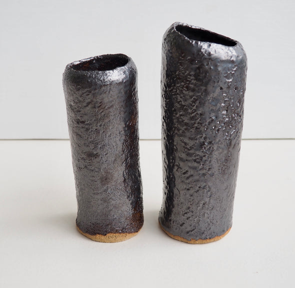 Handmade black metallic pottery  cylinder vases