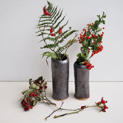 Handmade black metallic pottery  cylinder vases