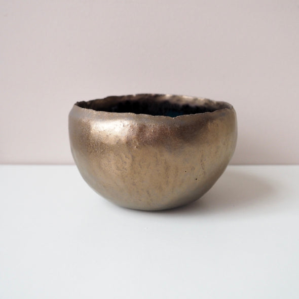 Handmade gold  ceramic ring bowl with swirly dripped glaze