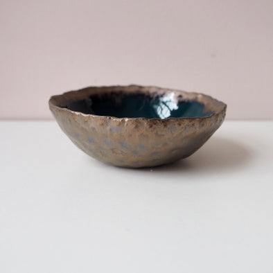 Handmade teal green and gold ceramic ring dish