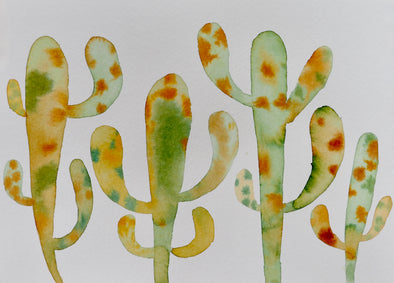 Original cactus watercolour painting in green and yellow shades