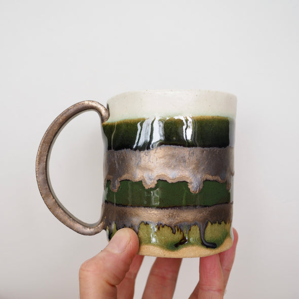 Forest green and gold  striped ceramic mug