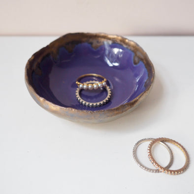 Handmade mini purple and gold ceramic ring dish