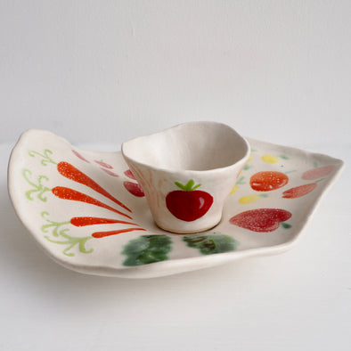 Handmade ceramic vegetables crudites platter and bowl set