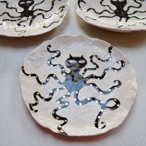 Handmade octopus illustrated small ceramic plate with gold lustre