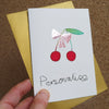 Handmade cherries with pink leaf bow christmas card