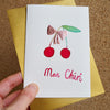 Handmade cherries with pink leaf bow christmas card