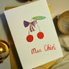 Handmade cherries with pink leaf bow christmas card