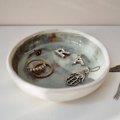 Handmade blue/brown flat ceramic ring dish