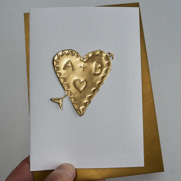 Gold foil handmade Valentines/ engagement initials heart card