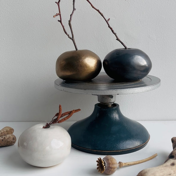 Handmade ceramic round vases in white , gold & black