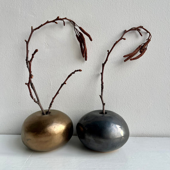 Handmade ceramic round vases in white , gold & black