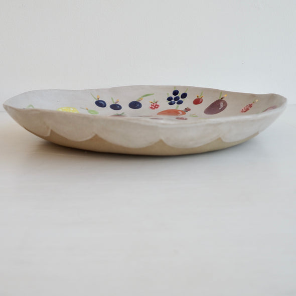 Handmade large ceramic fruit bowl with illustrated fruits