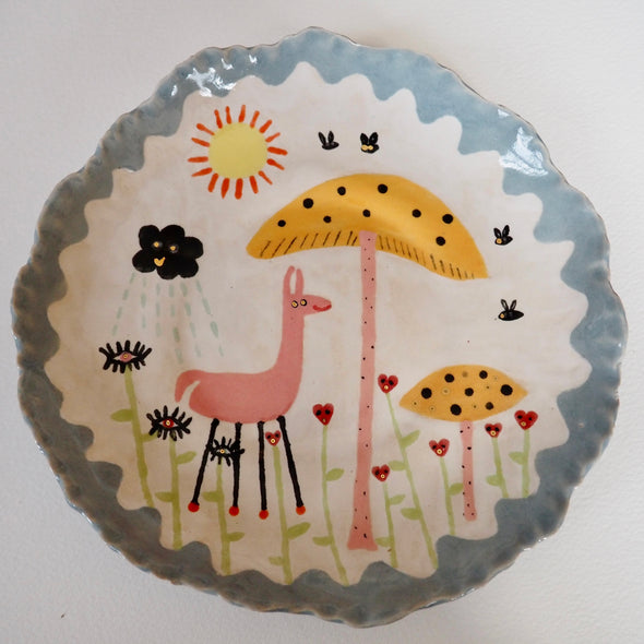 Handmade illustrated plate with pink Llama, toadstools , hearts , sun and clouds