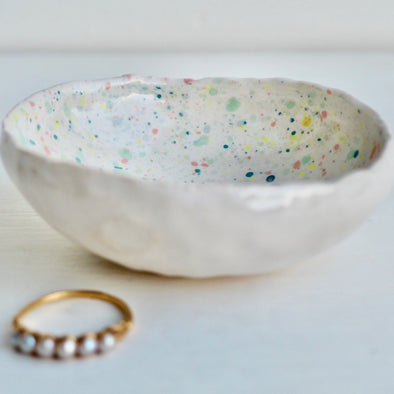 Handmade mini rainbow splatter ceramic ring dish