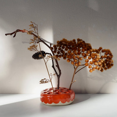 Handmade orange gloss  pottery flower arrangement vase frog