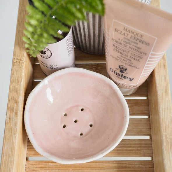 Handmade pale pink ceramic soap dish