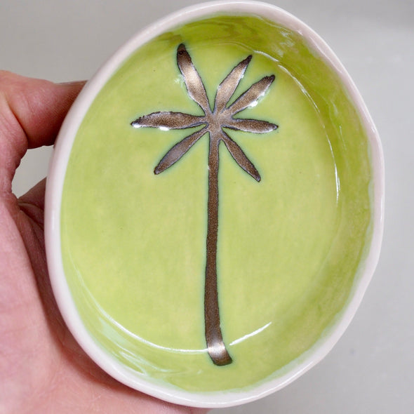 Handmade green and gold ceramic palm tree  ring dish