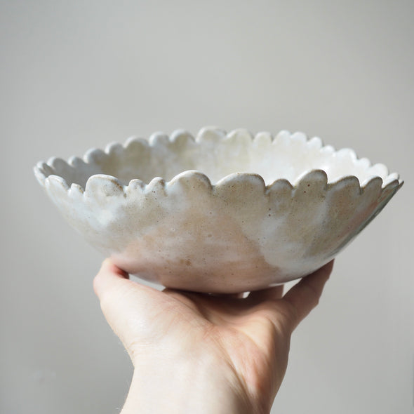Handmade ceramic oatmeal speckled scalloped  fruit bowl