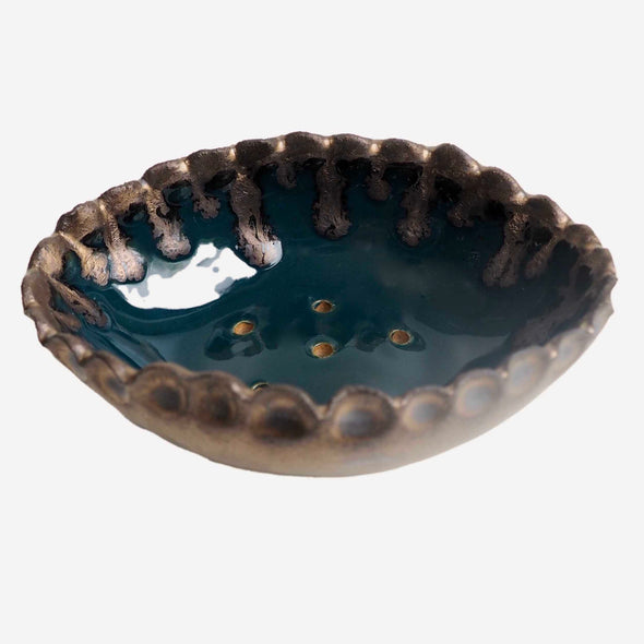 Handmade Teal blue and gold oval  ceramic soap dish with scalloped top edge