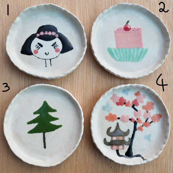 Handmade little ceramic  illustrated  ring dishes inspired by Japan.