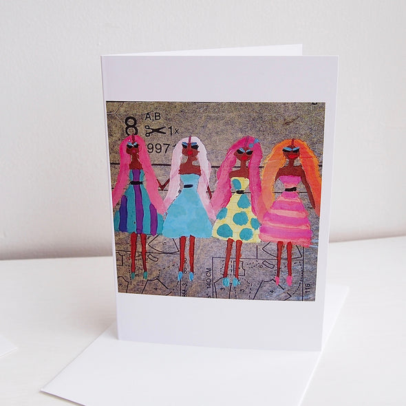 Birthday card 4 girls with long pastel pink hair