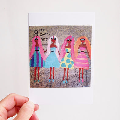 Birthday card 4 girls with long pastel pink hair