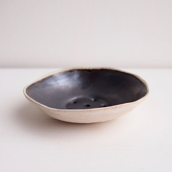 mini black pottery soap dish side view