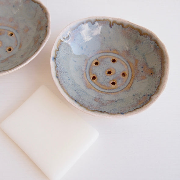mini blue brown ceramic soap dish top view