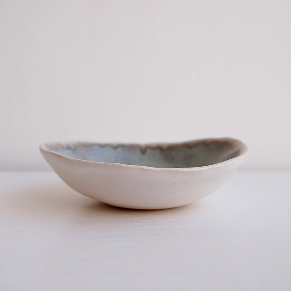 mini blue brown ceramic soap dish side view