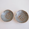 two mini blue brown pottery soap dishes