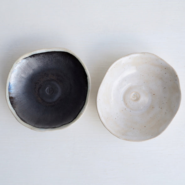 Ceramic handmade pair of black and white salt + pepper dish