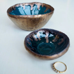 Handmade teal green and gold ceramic ring dish