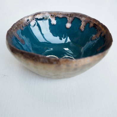 Handmade teal green and gold ceramic ring dish