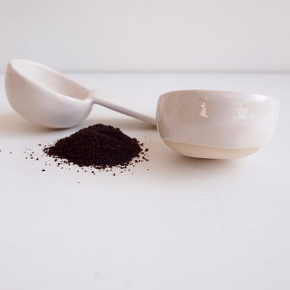 Handmade white gloss/satin pottery coffee scoop
