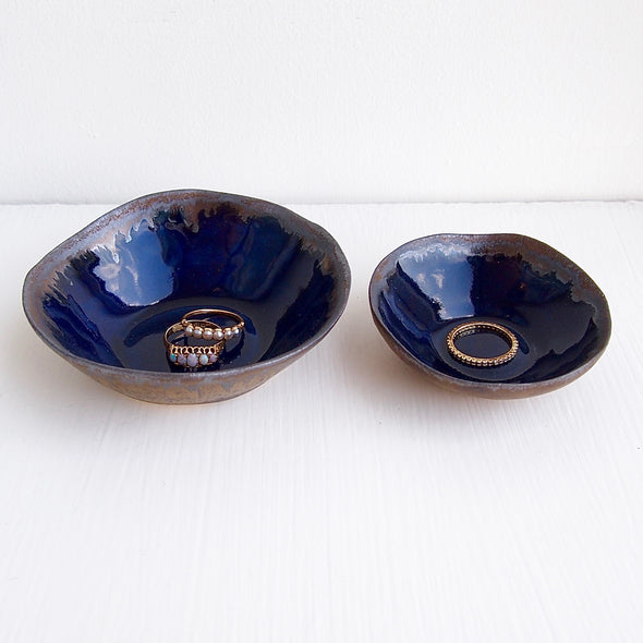 Handmade gold and navy blue ceramic ring dish,